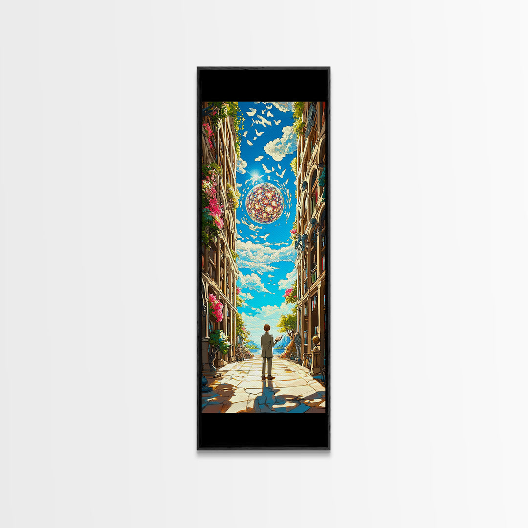 Sunlit European Alley With Birds And Glass Orb Canvas Print, Coastal Wall Art, Fantasy Travel Poster, Bright Home Decor Gift