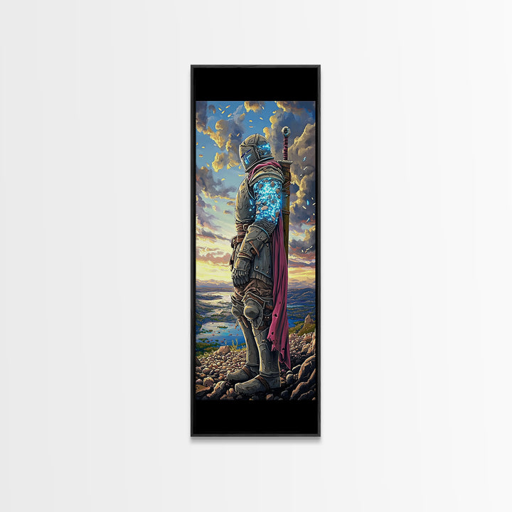 Glowing Blue Crystal Knight At Sunset Framed Canvas Print, Fantasy Wall Art, Medieval Warrior Decor, Gamer Room Gift For Him