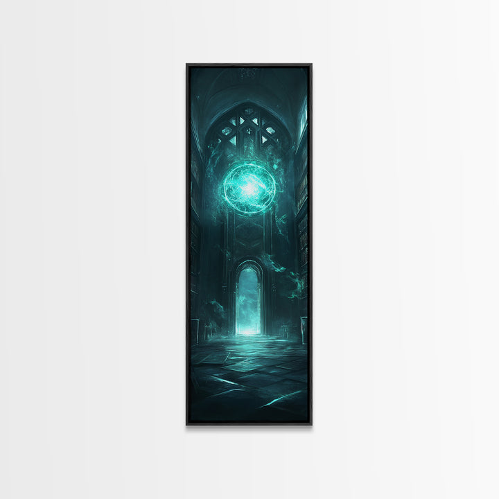 Teal Magic Orb In Gothic Cathedral Wall Art, Dark Fantasy Canvas Print, Dark Academia Decor, Mystical Library Artwork Gift