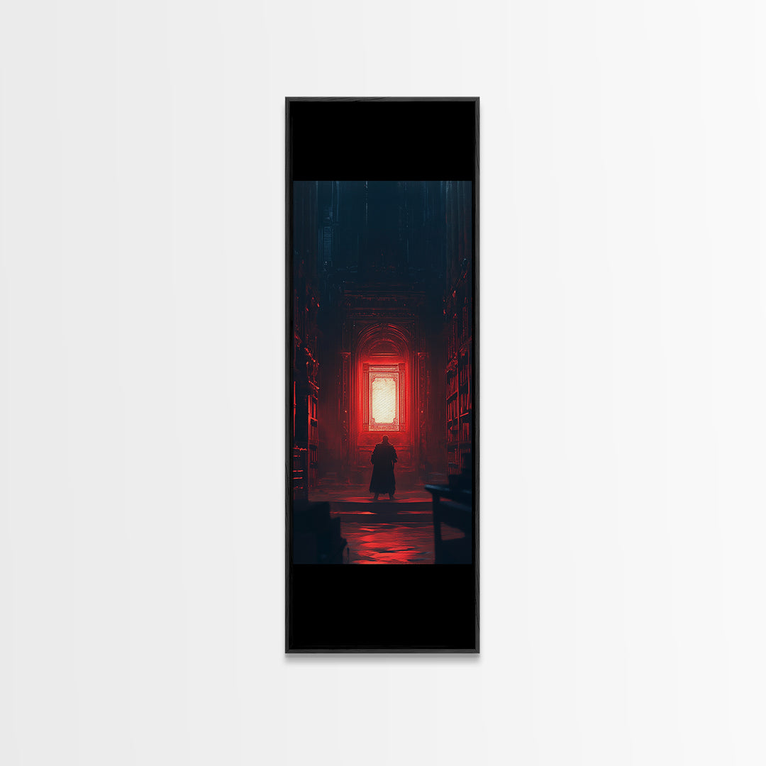 Red Glowing Door In Dark Library Wall Art, Gothic Framed Canvas Print, Dark Academia Decor, Moody Fantasy Artwork Gift For Him