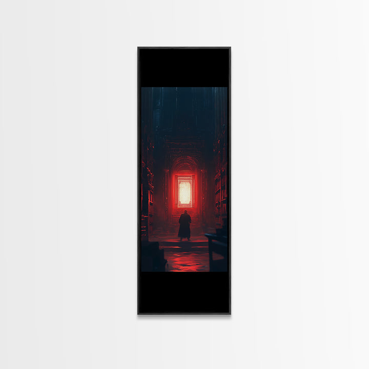Red Glowing Door In Dark Library Wall Art, Gothic Framed Canvas Print, Dark Academia Decor, Moody Fantasy Artwork Gift For Him