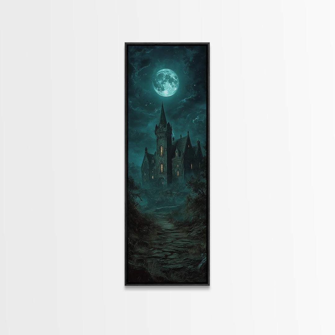 Moonlit Gothic Castle On Misty Path Wall Art, Dark Academia Canvas Print, Haunted House Decor, Moody Fantasy Gothic Wall Decor Gift