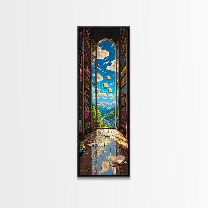 Magical Library Doorway With Floating Books Wall Art, Mountain View Canvas Print, Book Lover Decor, Reading Nook Home Office Gift