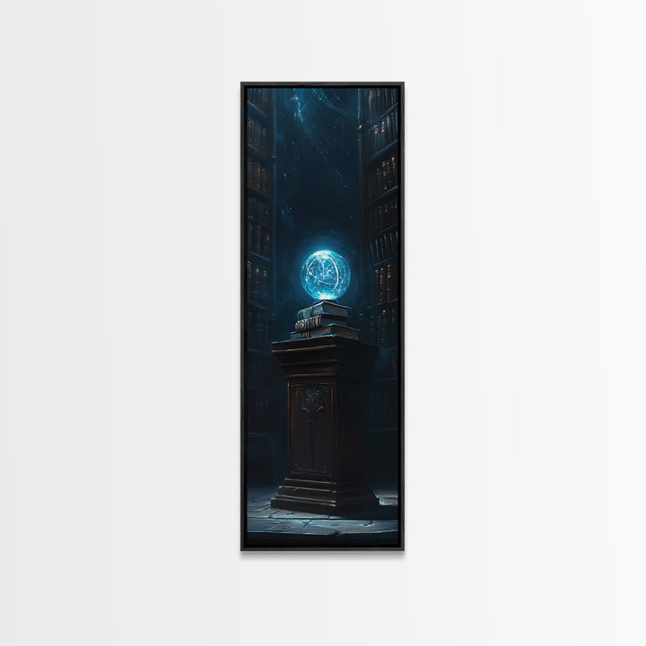 Glowing Blue Orb In Dark Library Framed Canvas Print, Fantasy Wall Decor, Mystical Bookish Art For Dark Academia Reading Nook Decor