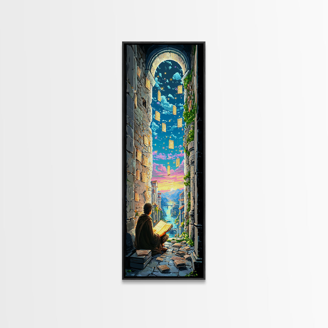 Scholar Reading Under Stone Arch Canvas Print, Floating Pages Fantasy Wall Decor, Magical Library Art For Book Lovers Gift