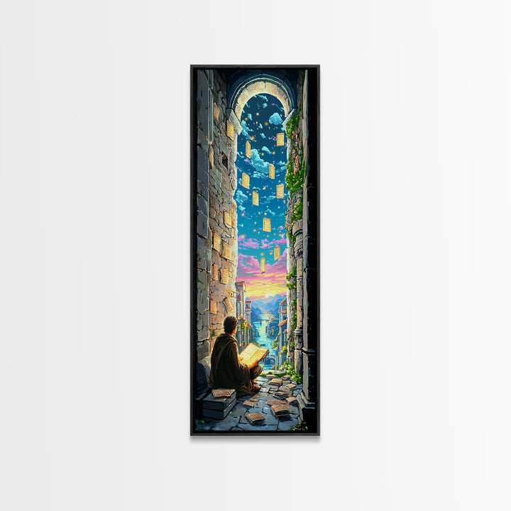 Scholar Reading Under Stone Arch Canvas Print, Floating Pages Fantasy Wall Decor, Magical Library Art For Book Lovers Gift