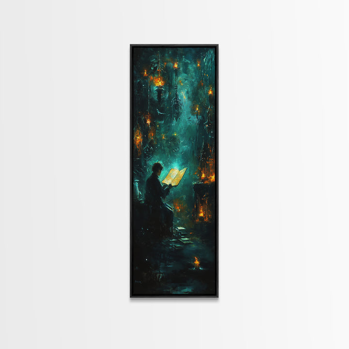 Glowing Book In Enchanted Forest Wall Art, Dark Fantasy Reading Nook Decor, Mystical Teal Library Print For Book Lovers Gift