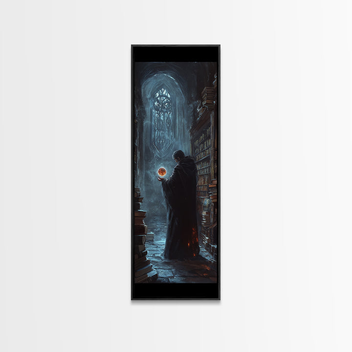 Cloaked Wizard In Gothic Library Framed Canvas Print, Dark Academia Fantasy Wall Decor, Mystical Bookish Art For Study Room Decor
