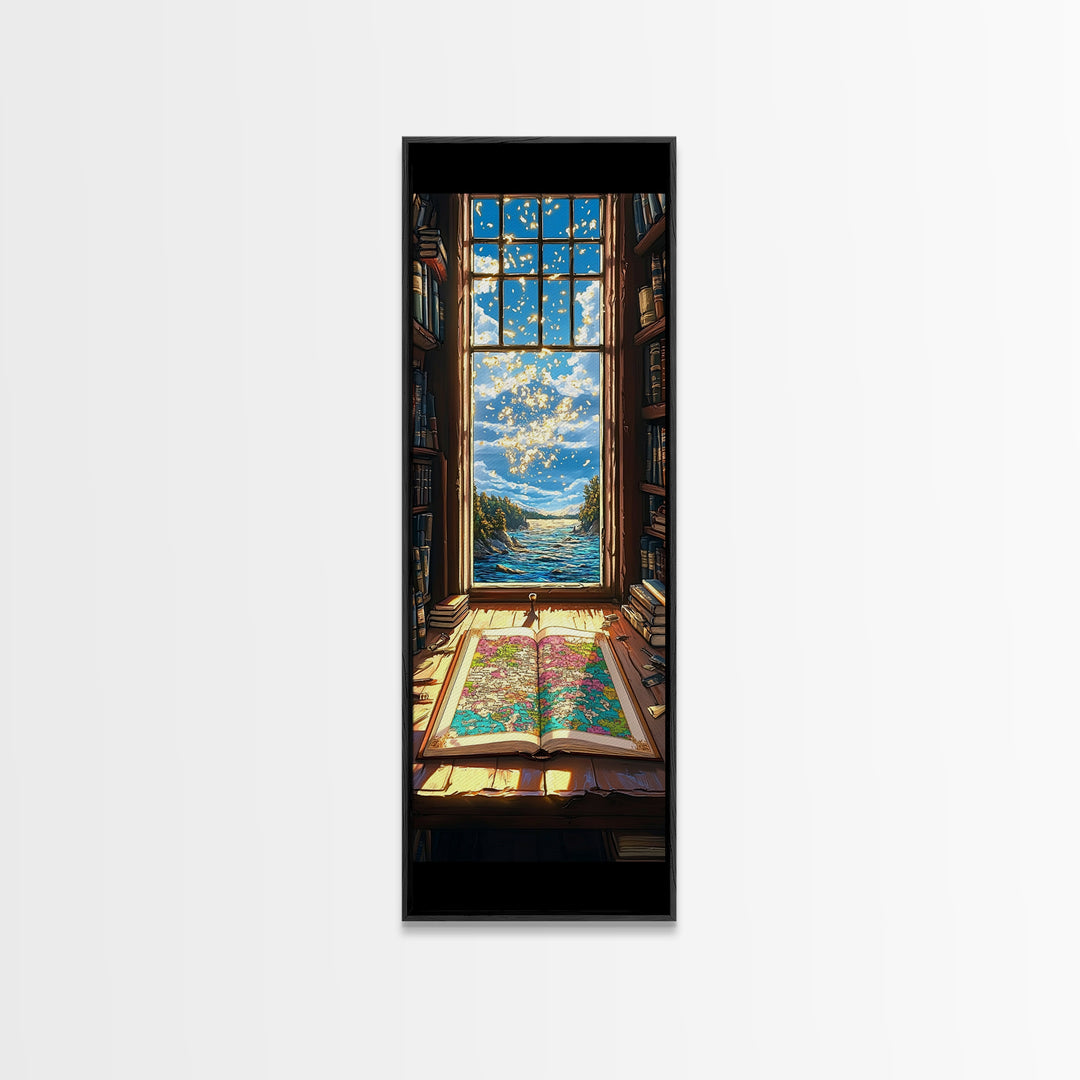 Open Map By Ocean Library Window Canvas Print, Bookish Coastal Wall Decor, Sunlit Travel Art For Reading Nook And Study Decor