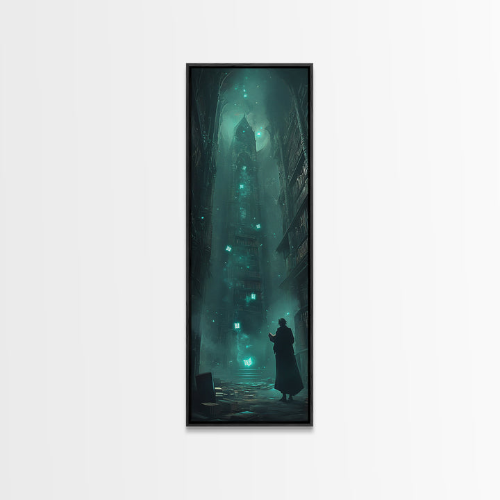 Dark Gothic Tower In Misty Alley Wall Art, Fantasy Cityscape Print, Moody Library Decor, Dark Academia Wall Decor Gift For Him