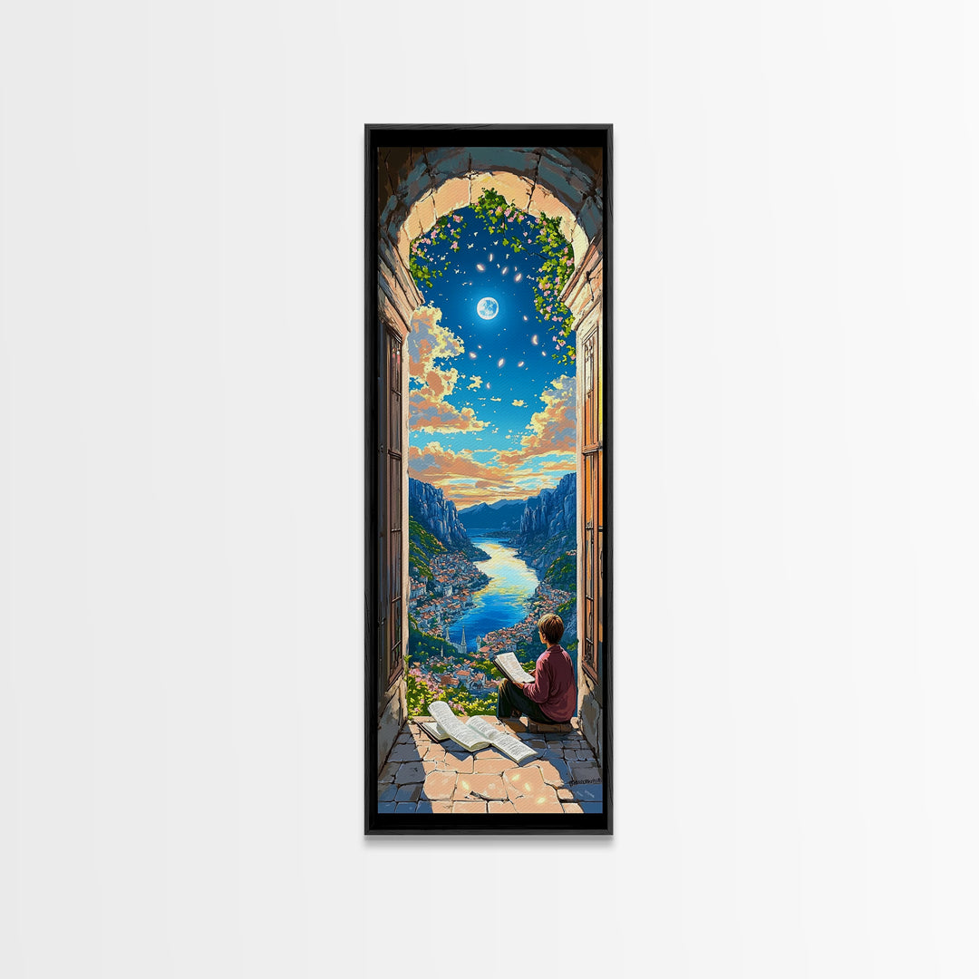 Reader In Arched Window Over Moonlit Valley Framed Canvas Print, Bookish Wall Art, Cozy Library Decor, Fantasy Art Print Gift