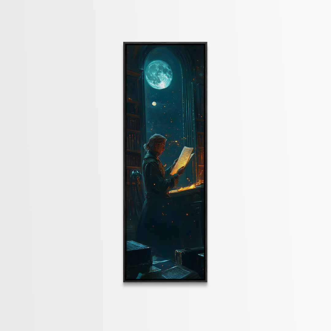 Moonlit Scholar Reading Ancient Scroll Canvas Print, Dark Academia Wall Art, Magical Library Decor, Book Lover Gift For Readers
