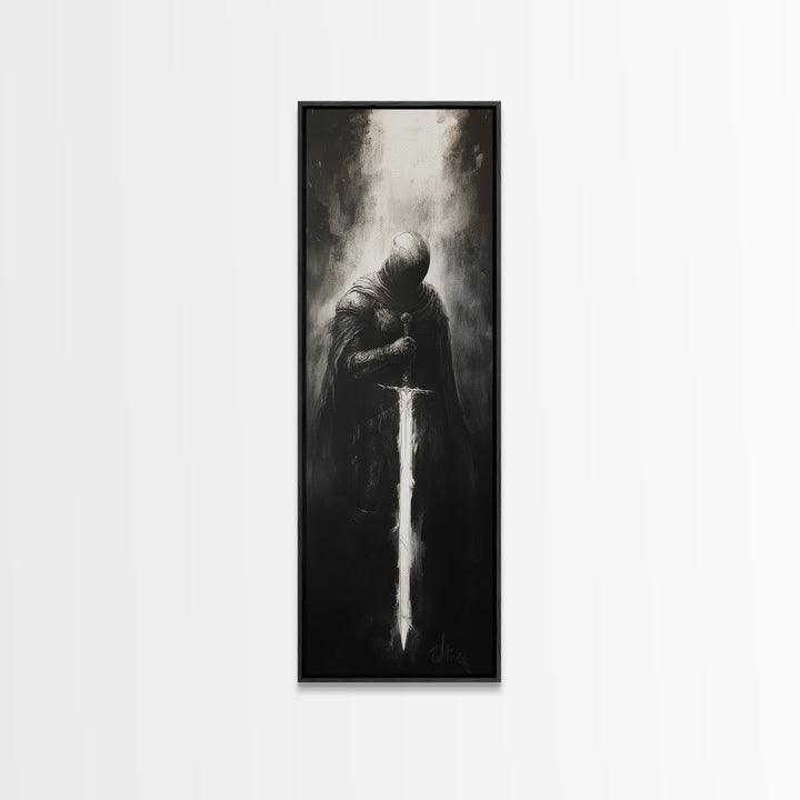 Hooded Knight With Glowing Sword Wall Art, Black And White Fantasy Print, Gothic Dark Academia Decor, Medieval Sword Art