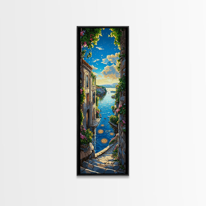 Sunlit Mediterranean Seaside Stairway Wall Art, Coastal Village Canvas Print, Italian Decor, Travel Poster, Beach House Gift