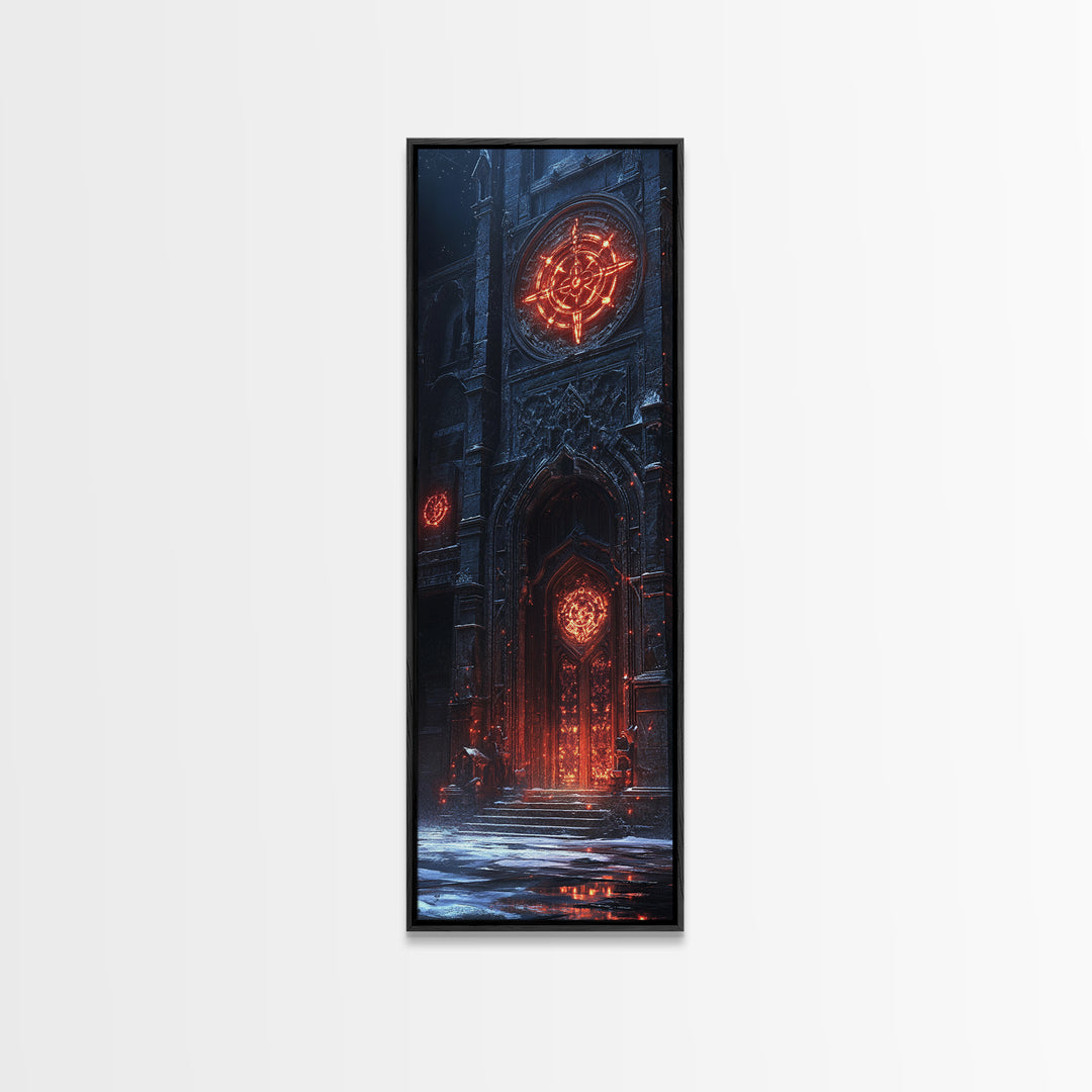 Glowing Gothic Cathedral Door Framed Canvas Print, Dark Fantasy Wall Art, Magical Architecture Decor, Occult Castle Poster