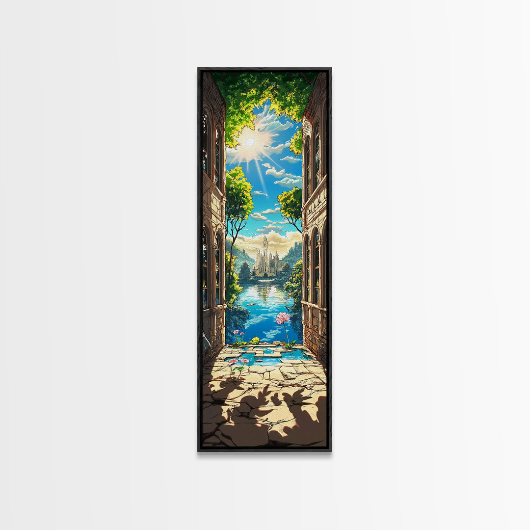 Sunlit Ruins Archway To Castle Lake Canvas Print, Fantasy Landscape Wall Art, Magical Nature Decor, Serene Travel Poster