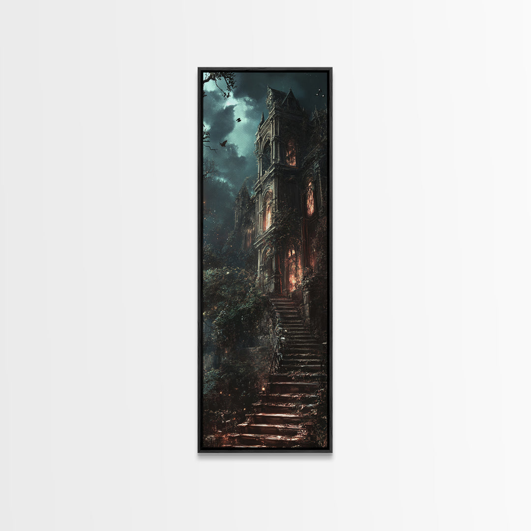 Haunted Gothic Mansion In Moonlit Forest Wall Art, Dark Academia Canvas Print, Spooky Castle Decor, Victorian Horror Gift