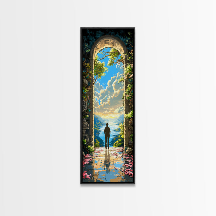 Solitary Figure In Sunlit Ocean Archway Framed Canvas Print, Coastal Fantasy Wall Art, Serene Landscape Decor Gift For Home