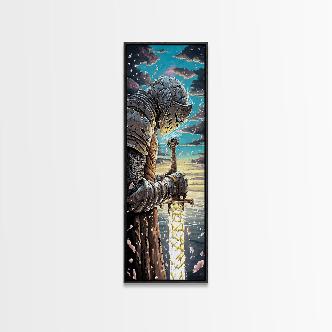 Weathered Knight With Glowing Sword Canvas Print, Medieval Fantasy Wall Art, Dark Academia Decor, Epic Warrior Artwork For Him