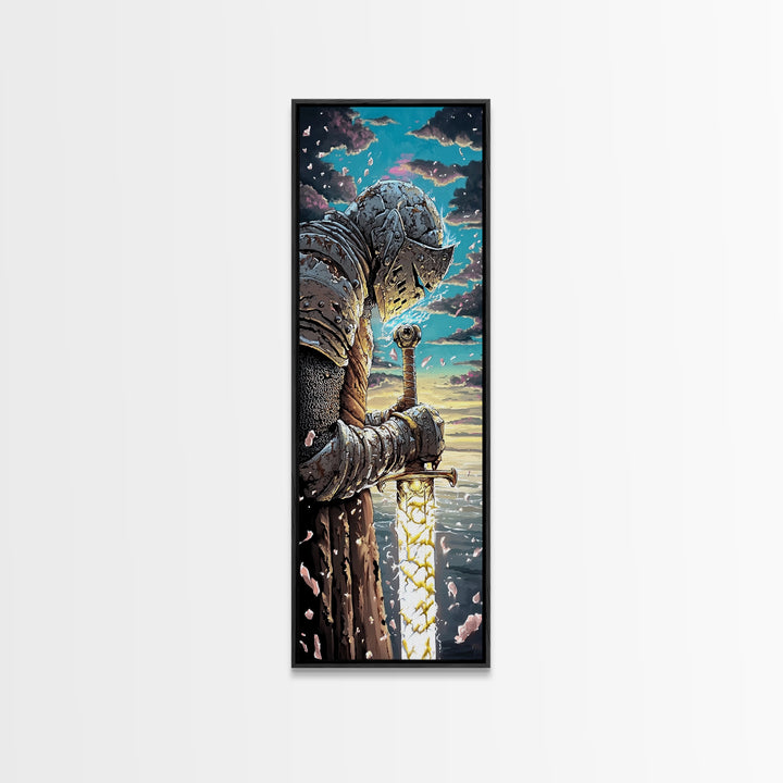 Weathered Knight With Glowing Sword Canvas Print, Medieval Fantasy Wall Art, Dark Academia Decor, Epic Warrior Artwork For Him
