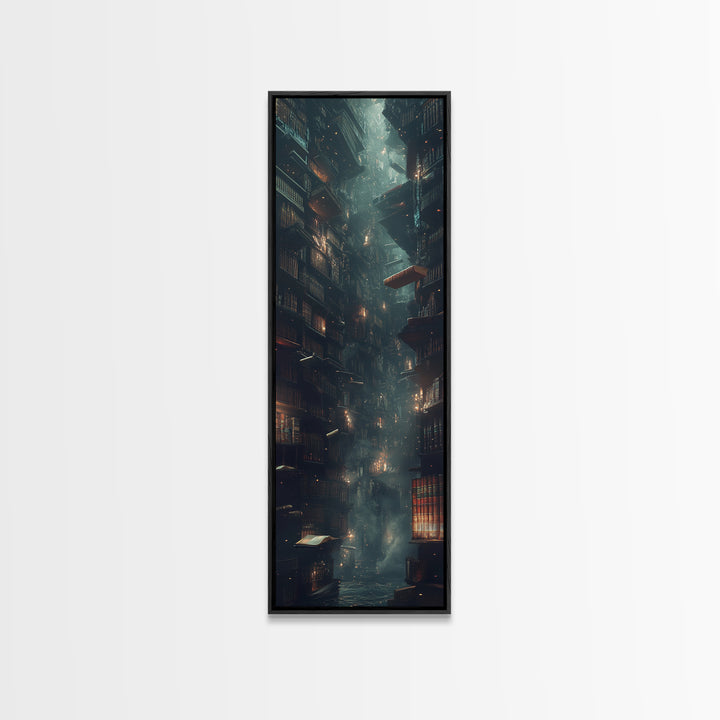 Towering Dark Library With Floating Book Wall Art, Moody Bookish Decor, Dark Academia Fantasy Print For Gothic Reading Nook