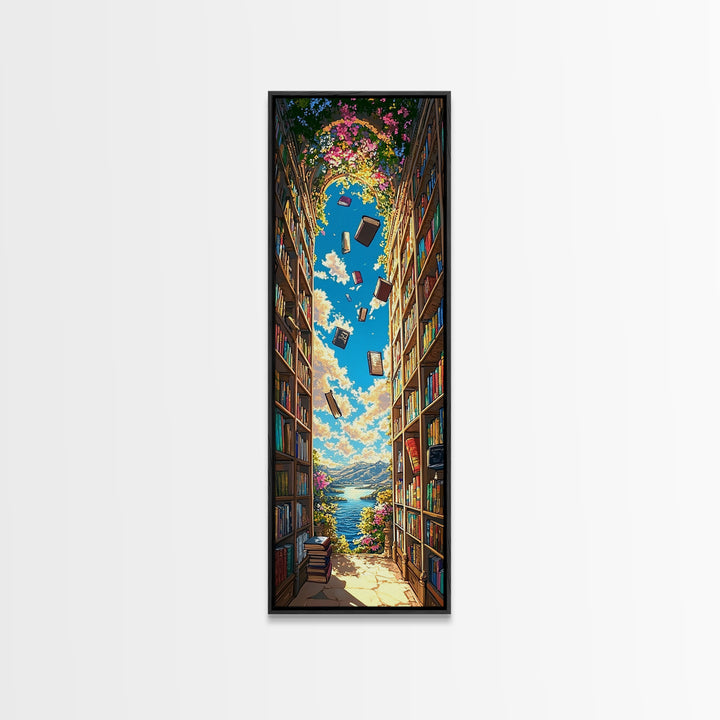 Blooming Library Arch With Floating Books Wall Art, Whimsical Book Lover Decor, Coastal Reading Nook Print, Colorful Art
