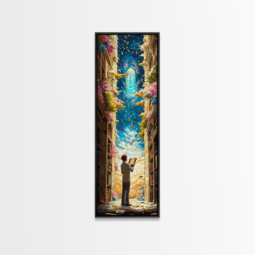 Young Reader Beneath Magical Book Portal Wall Art, Whimsical Library Decor, Cozy Fantasy Reading Nook Print For Book Lovers
