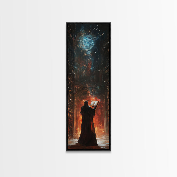 Wizard Reading Spellbook Under Celestial Orb Canvas Print, Dark Academia Fantasy Wall Art, Gothic Library Decor For Book Lovers