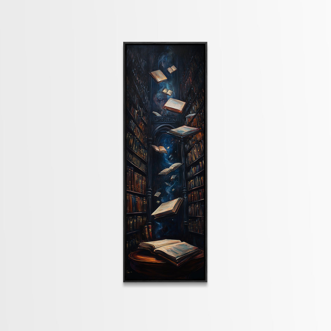 Dark Enchanted Library With Floating Books Wall Art, Gothic Bookish Decor, Dark Academia Print, Fantasy Reading Nook Gift