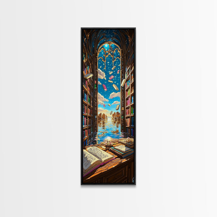 Sunlit Gothic Library Window Over Ocean Canvas Print, Bookish Wall Decor, Coastal Fantasy Art, Reading Nook Home Decor Gift