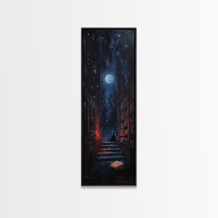 Moonlit Dark Library Stairs With Lone Reader Wall Art, Gothic Bookish Decor, Dark Academia Print, Moody Office Gift Decor