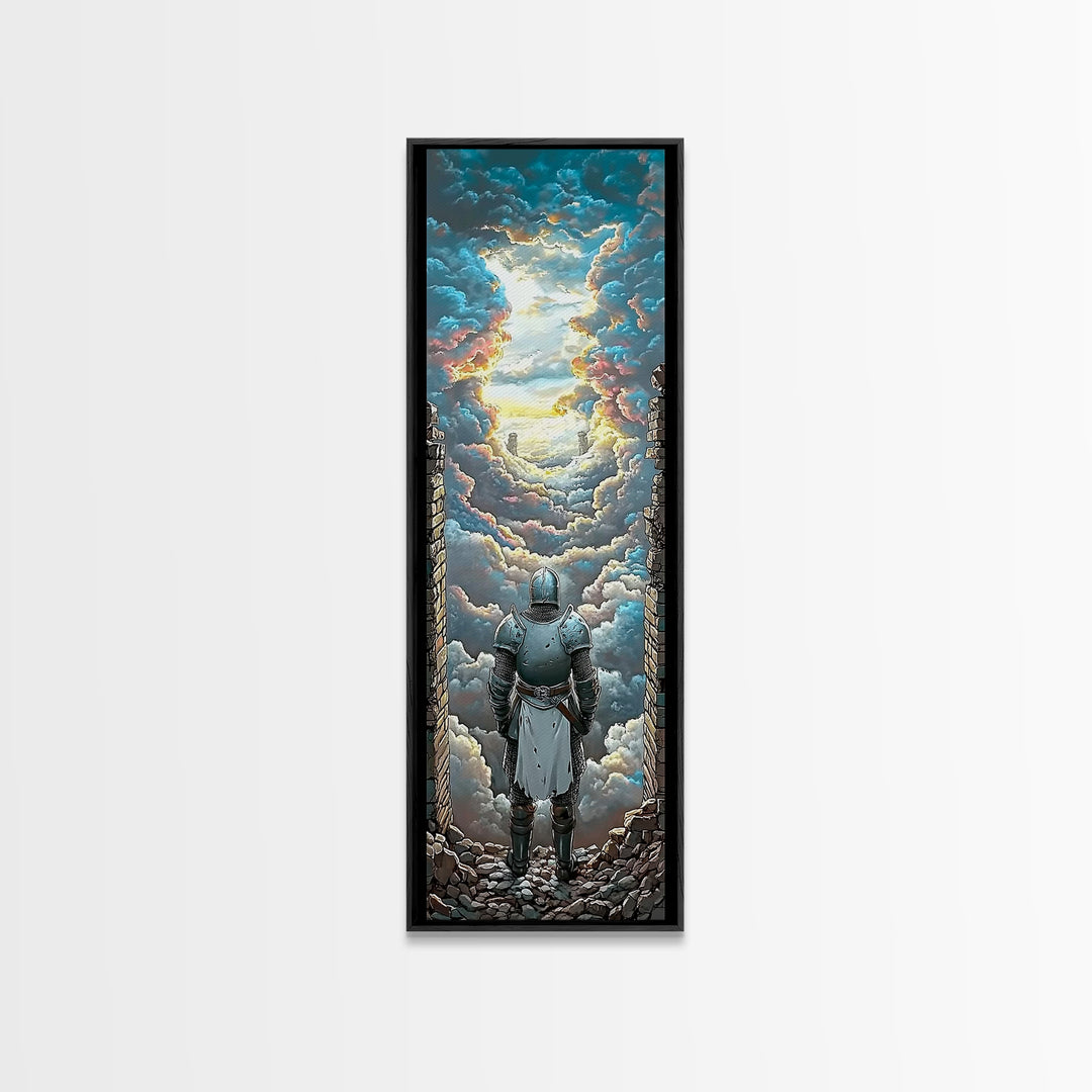 Armored Knight Before Radiant Cloud Portal Wall Art, Fantasy Castle Decor, Medieval Artwork, Inspirational Home Decor Gift