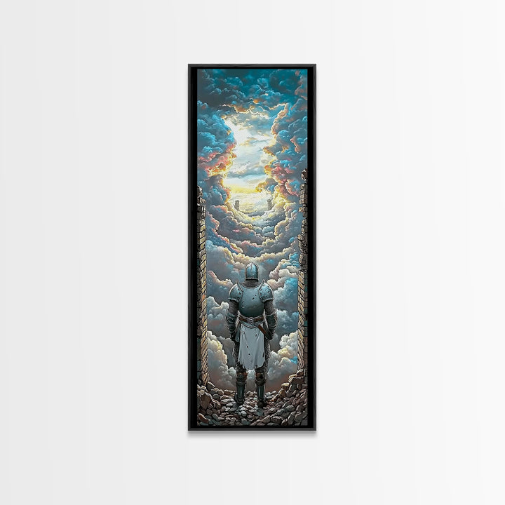 Armored Knight Before Radiant Cloud Portal Wall Art, Fantasy Castle Decor, Medieval Artwork, Inspirational Home Decor Gift