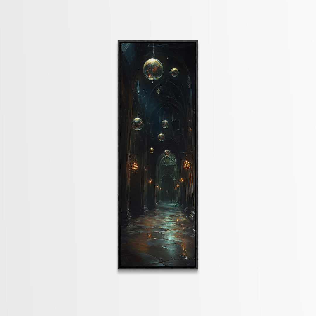 Dark Gothic Hall With Floating Celestial Orbs Canvas Print, Moody Wall Decor, Dark Academia Art, Fantasy Home Gift Office Decor