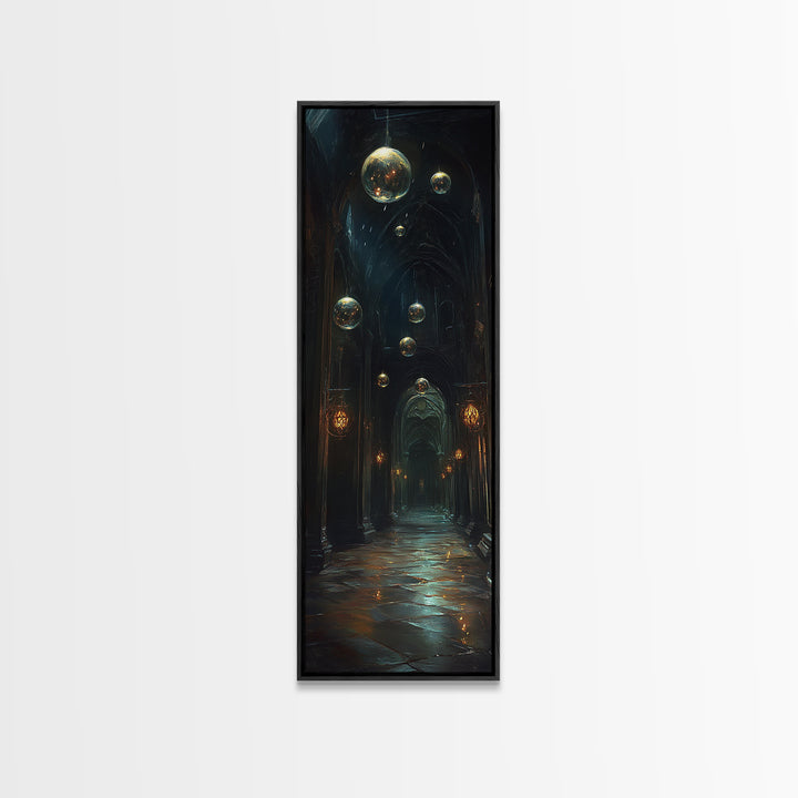 Dark Gothic Hall With Floating Celestial Orbs Canvas Print, Moody Wall Decor, Dark Academia Art, Fantasy Home Gift Office Decor