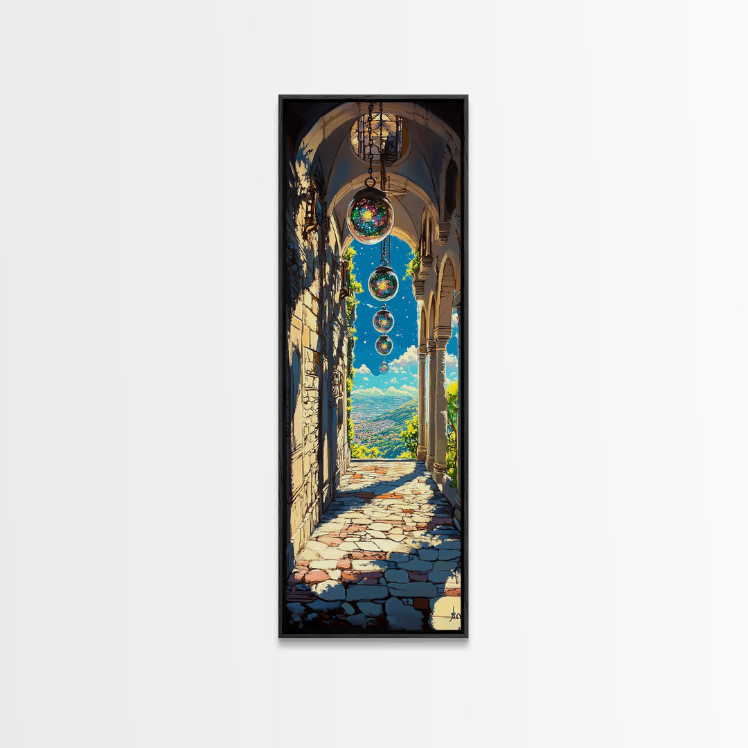 Sunlit Stone Archway With Floating Orbs, Mountain Valley Wall Art, Fantasy Landscape Canvas, Mediterranean Home Decor Print