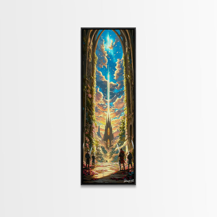 Celestial Cathedral Portal With Radiant Sky Beam Canvas Print, Fantasy Castle Wall Art, Magical Landscape Home Decor Gift For Her
