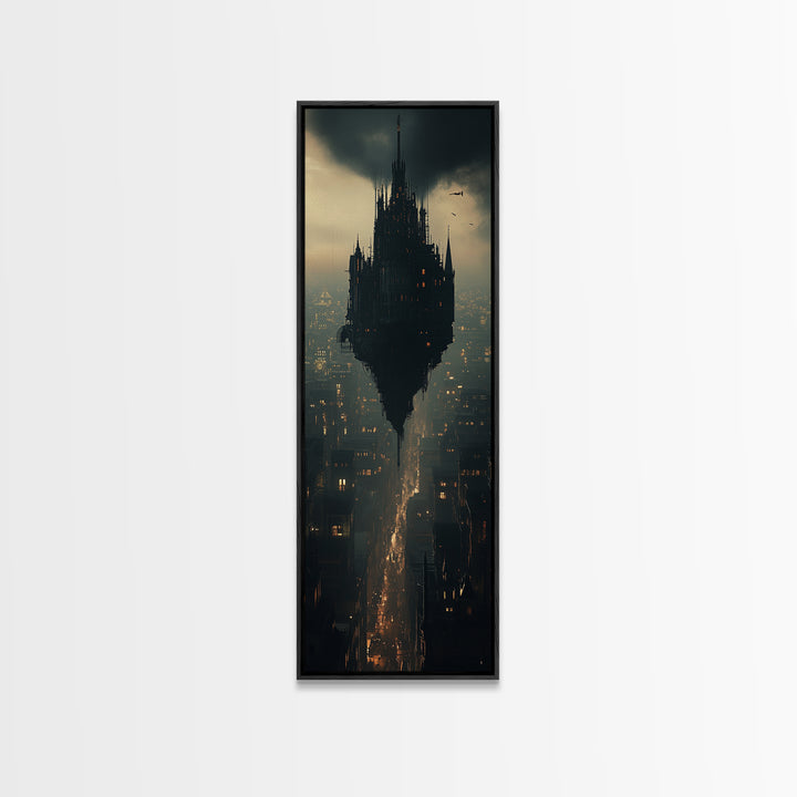 Dark Floating Citadel Above Dystopian City Wall Art, Gothic Castle Canvas Print, Sci Fi Fantasy Office Decor Gift For Him