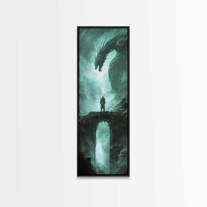 Lone Knight Facing Ancient Dragon Canvas Print, Dark Fantasy Wall Art, Teal Green Gothic Adventure Home Decor Gift For Him
