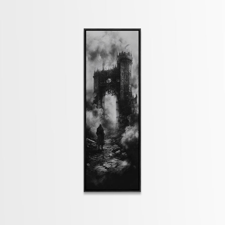 Black And White Gothic Ruin With Lone Wanderer Wall Art, Dark Academia Canvas Print, Moody Castle Home Decor Gift For Him