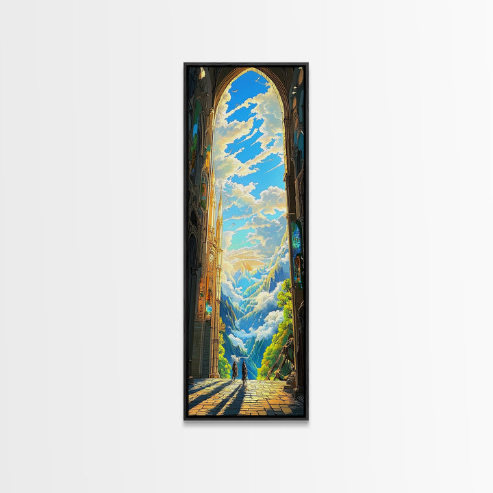 Golden Cathedral Arch Opening To Alpine Mountains Framed Canvas Print, Fantasy Landscape Wall Art, Bright Home Decor Gift
