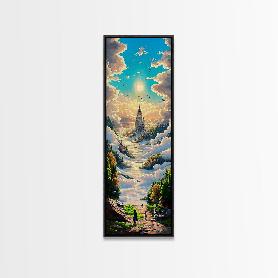 Castle In The Clouds Along Sunlit Valley Canvas Print, Dreamy Fantasy Landscape Wall Art, Whimsical Nursery Decor Gift For Her