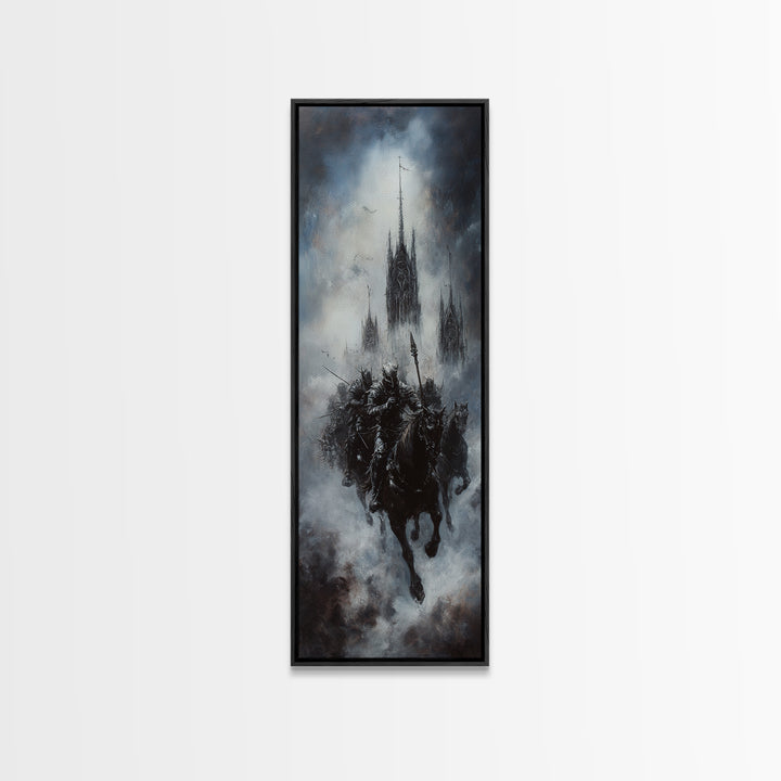 Gothic Floating Citadel And Shadow Knight Wall Art, Dark Fantasy Print, Black And White Art, Moody Medieval Decor For Living Room