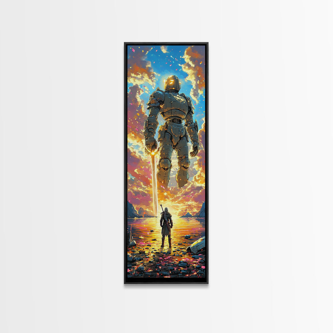 Golden Armored Colossus And Lone Warrior Framed Canvas Print, Epic Fantasy Wall Art, Vibrant Sunset Gaming Room Wall Decor
