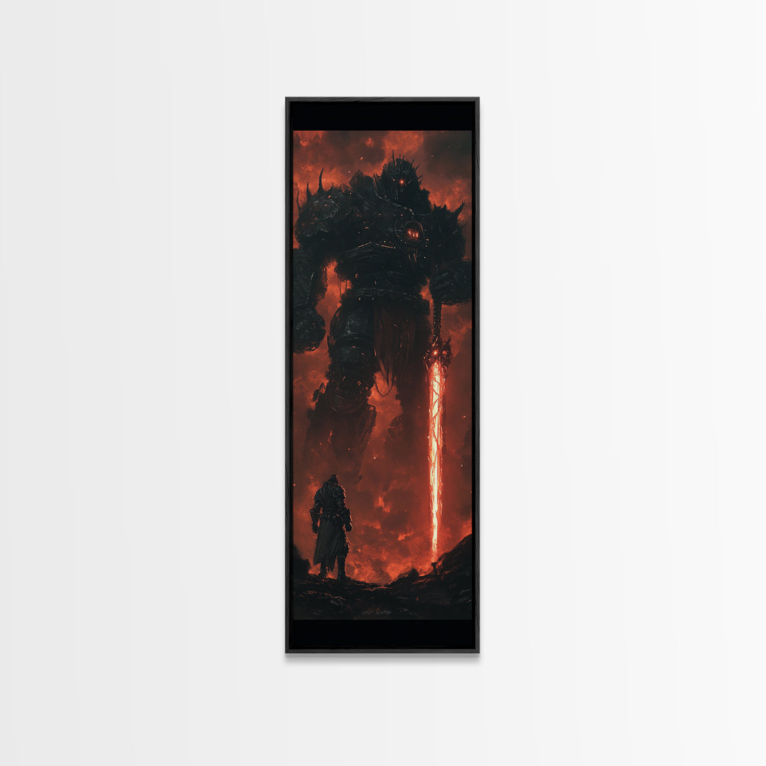 Dark Fire Titan With Crimson Sword Canvas Print, Epic Fantasy Wall Art, Demon Warrior Art Print, Gothic Gaming Room Decor