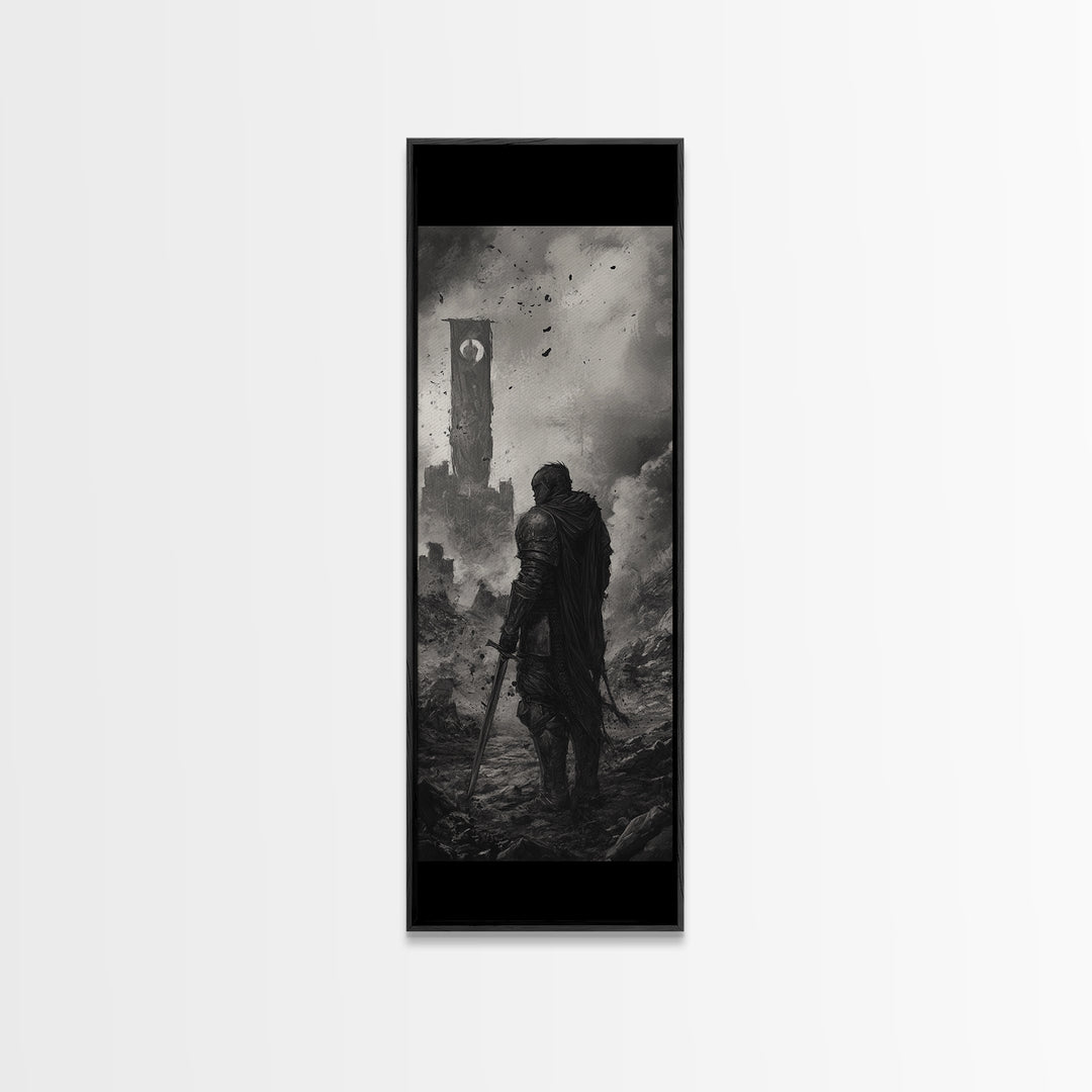 Black And White Lone Knight Near Ruined Tower Wall Art, Dark Fantasy Print, Medieval Landscape, Gothic Office Wall Decor
