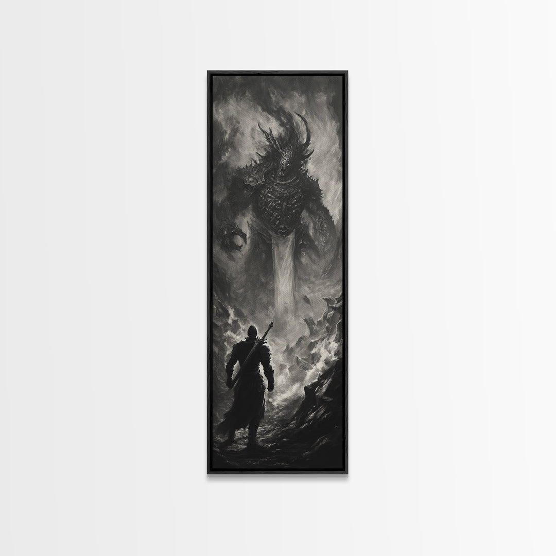 Monochrome Horned Demon Facing Warrior Framed Canvas Print, Dark Fantasy Wall Art, Gothic Black And White Art Decor For Office