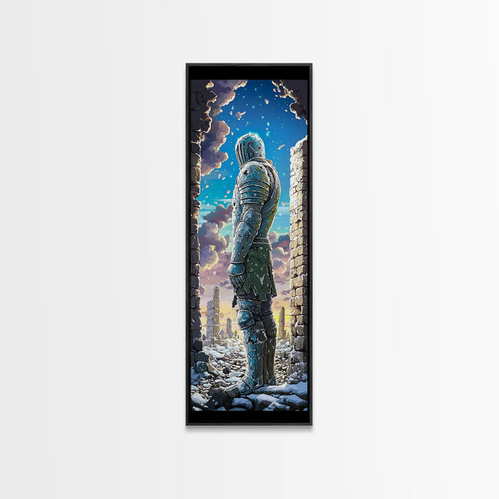 Snowy Armored Knight In Ruined Stone Gate Canvas Print, Fantasy Wall Art, Blue Winter Landscape, Medieval Home Wall Decor