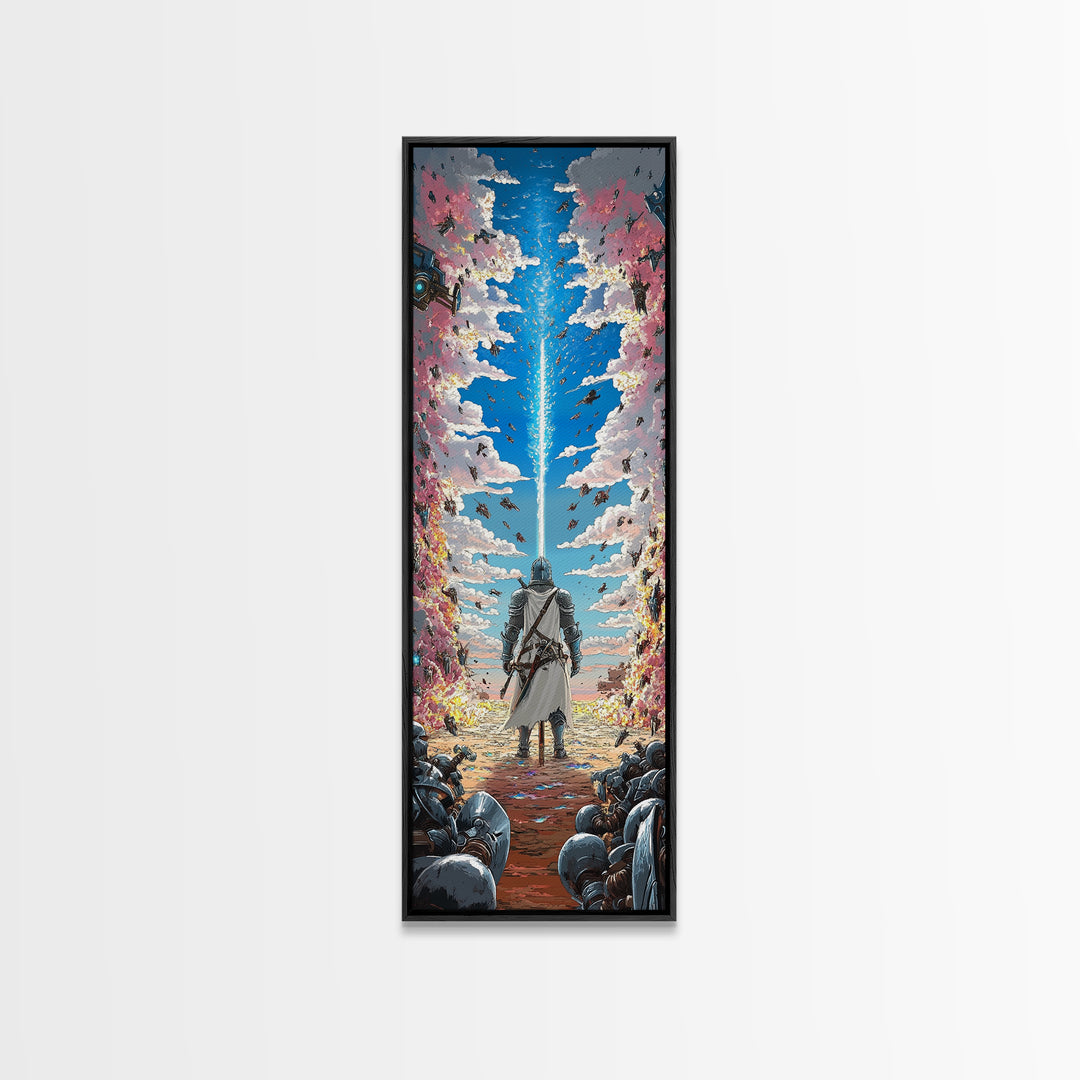 Silver Knight Beneath Celestial Blue Beam Wall Art, Epic Fantasy Print, Cherry Blossom Sky, Vibrant Gaming Room Wall Decor