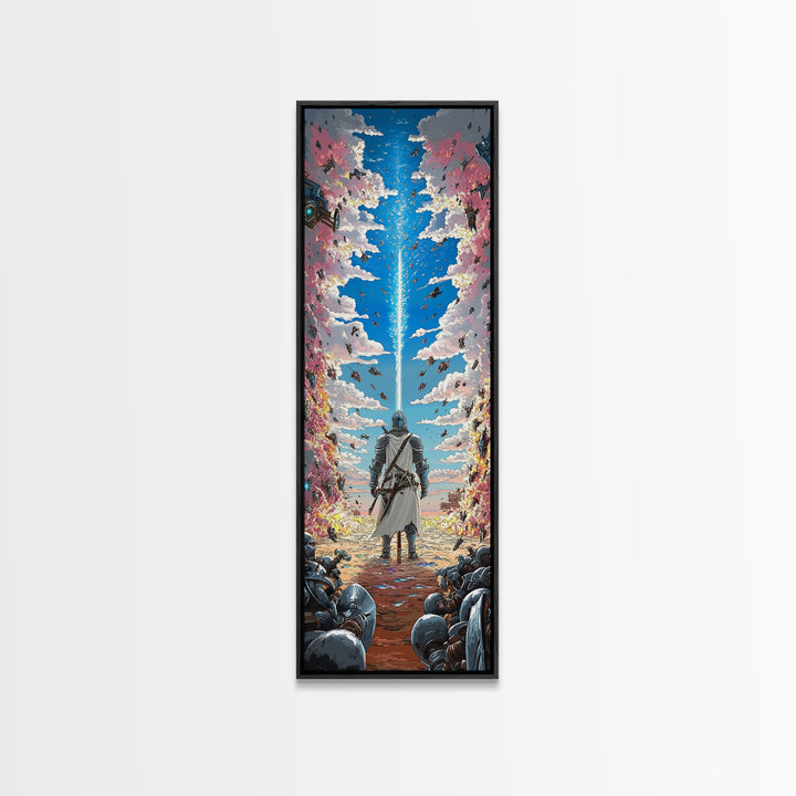 Silver Knight Beneath Celestial Blue Beam Wall Art, Epic Fantasy Print, Cherry Blossom Sky, Vibrant Gaming Room Wall Decor